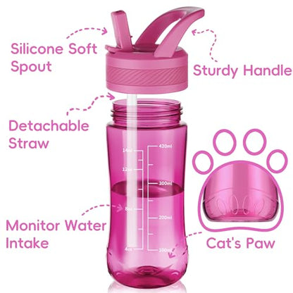 14oz Clear Kids Water Bottle with Straw Lid, BPA-Free Tritan, Measurement Scale, Sturdy Handle Wide Mouth Leak-proof Reusable Plastic Bottle for Boy& Girls, Back to School(Rose) - color: Rose