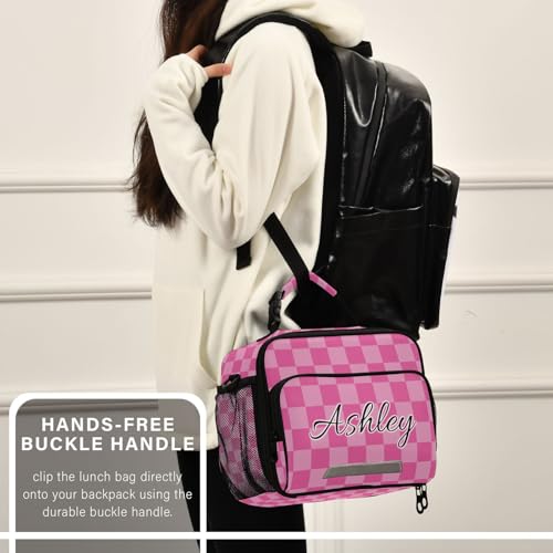 Custom Student Lunch Bag for Boys Girls Pink Checkerboard Personalized Lunch Box With Name Insulated Cooler Bag for School Picnic Travel - color: Multi08