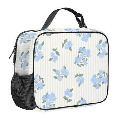 WOBAGMEN Large Lunch Box, Insulated Reusable Lunch Bag with Water Bottle Holder Portable Waterproof Leakproof Lunch Tote Bag Cute Lunch Box(Hydrangea Stripe) - color: Hydrangea Stripe