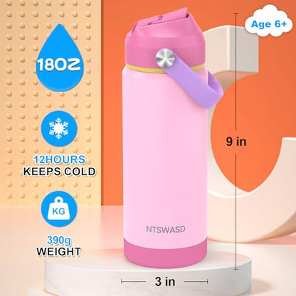 Kids Water Bottle with Straw,18 oz Boys Insulated Cups with Stainless Steel Leak Proof for School Boys Girls,Sport&Travel（Pink） - color: B14.Pink