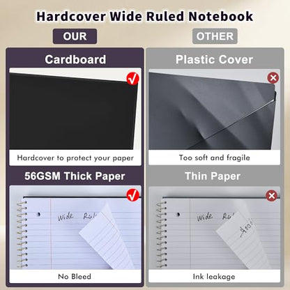 MUAHLIUB Spiral Notebook Wide Ruled Paper 8" x 10 1/2", 1 Subject Spiral Notebook, 3-Hole Punched Perforated Pages Ideal for School, Office, Writing, 95 Sheets Lined Journaling Notebook, Black - color: Black