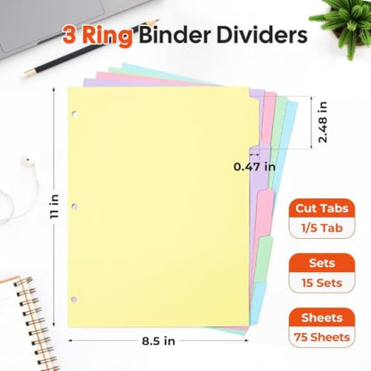 Dynta 15 Sets Binder Dividers 75 Dividers, 8.5 X 11 Paper Binder Dividers Blank with 5 Big Tabs for School, Office and Home, Colorful