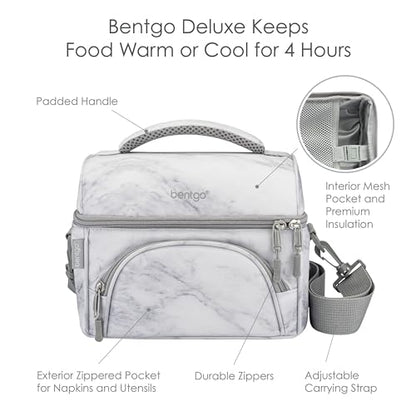 Bentgo Deluxe Lunch Bag - Durable and Insulated Lunch Tote with Zippered Outer Pocket, Internal Mesh Pocket, Padded & Adjustable Straps, & 2-Way Zippers - Fits Most Lunch Boxes (White Marble) - color: White Marble