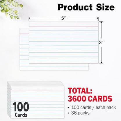 3600 PCS Index Cards Bulk, 3x5 Flash Cards for Studying, White Notecards Lined, Ruled Index Cards for School, Home and Office, 100 Per Pack, (36 Pack) - color: 36P