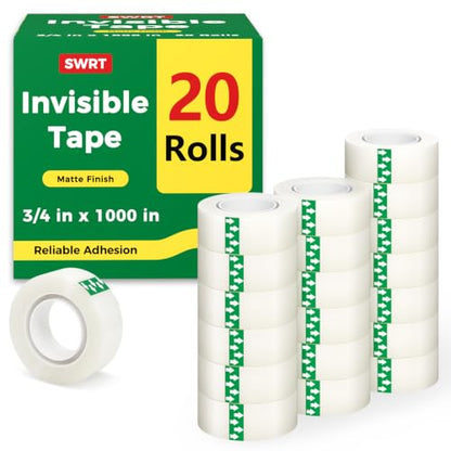 SWRT Invisible Tape Refills, 20 Rolls, 3/4 in x 800 in, Matte Finish | Blends into Paper; Easy to Write On; Neat Paper Repairs; Quick Label Fixes; Fits Tape Dispensers; Office, School, Home