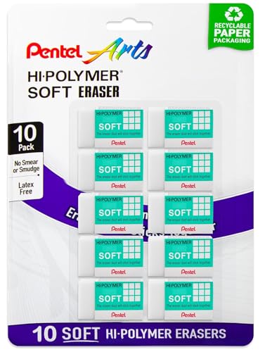 Pentel Clean Eraser, No Mess- No Residue, Hi-Polymer Soft Erasers for Pencils - White - 10 Pack - for Art, Office, and School use (10)