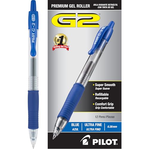 Pilot G2 Premium Refillable and Retractable Rolling Ball Gel Pens, Ultra Fine Point, Gel Ink Pens, 0.38mm, Blue Ink, 12-Pack - color: Blue Ink, size: 12 Count (Pack of 1)