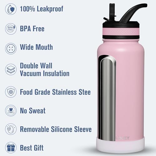 OLDLEY 32 oz Insulated Water Bottle With Straw, Stainless Steel Sports Water Cup Flask with 3 Lids(Straw, Spout and Handle Lid) Double Walled Travel Thermal Canteen Mug,Lavender Mist - color: Lavender Mist, size: 32 Ounces