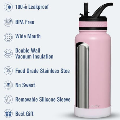 OLDLEY 32 oz Insulated Water Bottle With Straw, Stainless Steel Sports Water Cup Flask with 3 Lids(Straw, Spout and Handle Lid) Double Walled Travel Thermal Canteen Mug,Lavender Mist - color: Lavender Mist, size: 32 Ounces