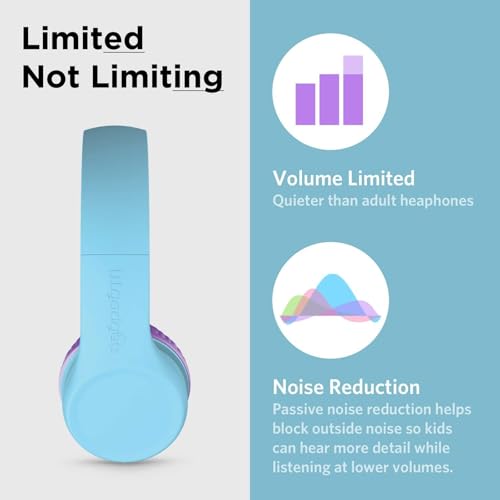 LilGadgets Connect+ Foldable Headphones, Adjustable Fit Soft Touch Padding for Kids with Mic, Volume-Limited & Noise Reduction On-Ear Wired Headset for School with SharePort - Blue/Purple, Ages 3-14 - color: Blue/Purple