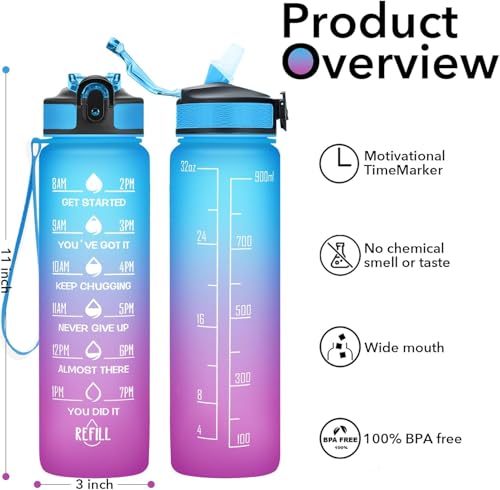 32 oz Motivational Water Bottle with Time Markers & Straw – BPA Free Leakproof Reusable Sports Water Bottle for Gym, Fitness & Outdoor Activities – Large Daily Hydration Bottle, Pink Blue