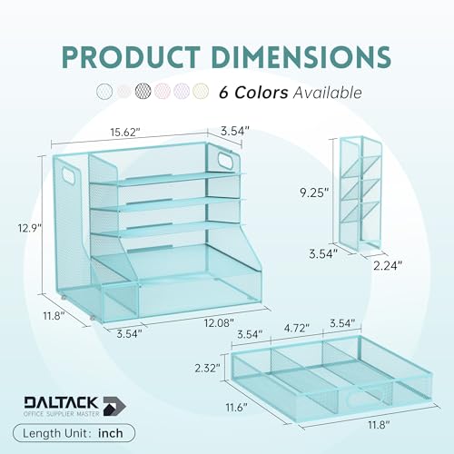 5-Tier Desk Organizer with File Holder & Pen Holder & Sliding Drawer, Blue | Mesh Metal Paper Letter Tray for Papers, Mail, Office Supplies, and Desk Accessories - color: Blue