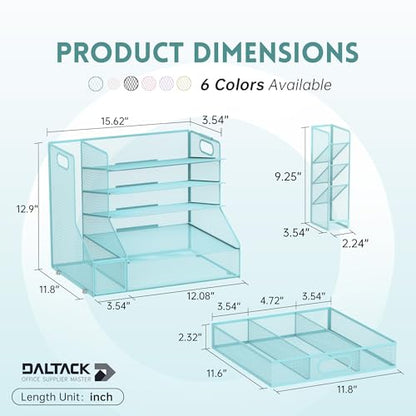 5-Tier Desk Organizer with File Holder & Pen Holder & Sliding Drawer, Blue | Mesh Metal Paper Letter Tray for Papers, Mail, Office Supplies, and Desk Accessories - color: Blue