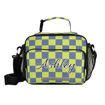 Custom Student Lunch Bag for Boys Girls Green Blue Checkered Personalized Lunch Box With Name Insulated Cooler Bag for School Picnic Travel - color: Multi16