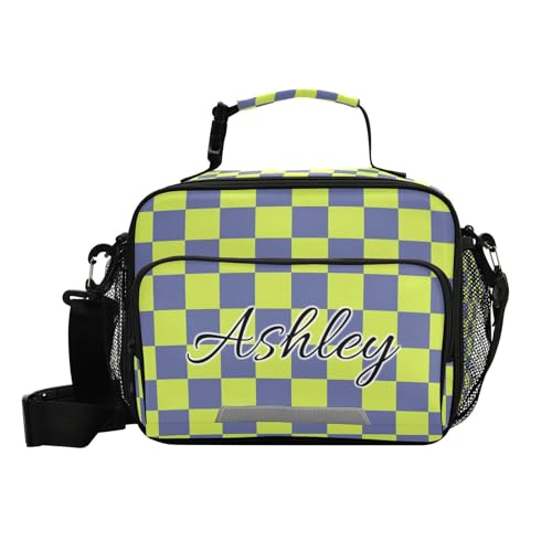 Custom Student Lunch Bag for Boys Girls Green Blue Checkered Personalized Lunch Box With Name Insulated Cooler Bag for School Picnic Travel - color: Multi16