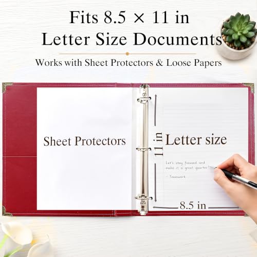 Large 2 Inch D-Ring 3 Ring Binder, Faux Leather, Red | Faux leather inside and out; large cover fits 8.5 x 11 paper, sheet protectors, dividers, certificates, and files. - color: Red, size: 2 Inch