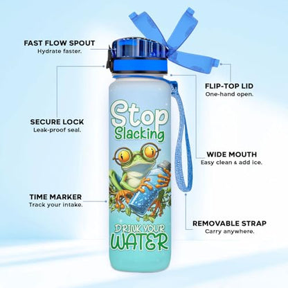 Funny Frog Water Bottle 32oz – Stop Slacking Drink Your Water Motivational Time Marker Bottle, Cute Frog Meme Gift for Animal Lovers, Daily Hydration Tracker - color: Frog