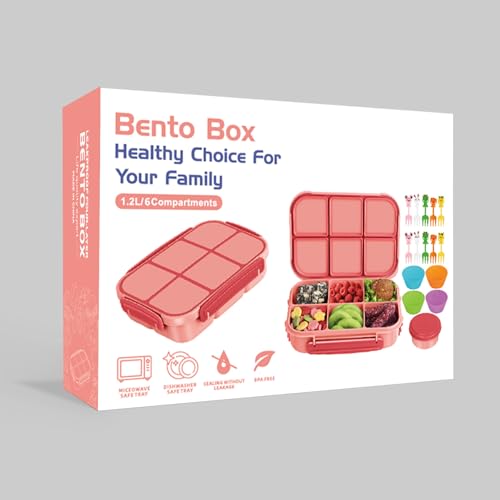 Amathley Lunch Box Kids Girls Boys,Bento Box Adult,Toddler Lunch Containers for School,Leakproof Snack Containers with 6 Compartments,Sauce Container,10 Food Picks and 4 Muffin Cups (Pink) - color: Pink