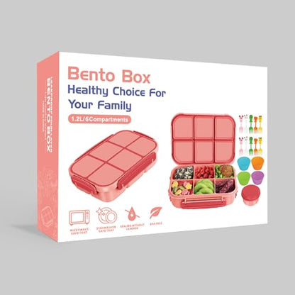 Amathley Lunch Box Kids Girls Boys,Bento Box Adult,Toddler Lunch Containers for School,Leakproof Snack Containers with 6 Compartments,Sauce Container,10 Food Picks and 4 Muffin Cups (Pink) - color: Pink
