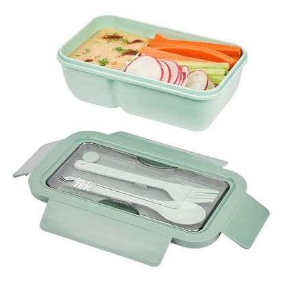 Restaurantware-Bento Tek 28.7 Ounce Bento Box, 1 Reusable Lunch Container - With Fork And Spoon, Does Not Contain BPA, Green Plastic Reusable Lunch Box, Microwavable, Dishwashable - size: 1 Count, style: 29 oz - Green