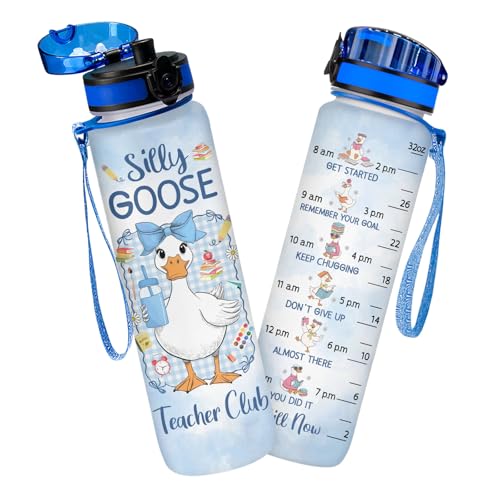 Silly Goose Humor Water Bottle 32oz With Time Marker Animal Motivation Bottle, Bottle For Daily Hydration, Funny Back To School Gifts For Goose Lovers And Teachers - color: Gooseteacher