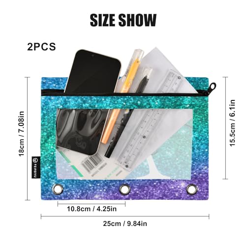 Personalized Pencil Pouch for 3 Ring Binder Glitter Blue Green Violet Custom Pencil Pouches Case Binder Cosmetic Bag 2 Pack for Office School College Supplies - color: Glitter Blue Green Violet