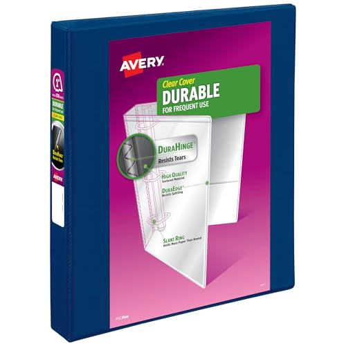 Avery Durable View 3 Ring Binder, 1 Inch Slant Rings, 250-Sheet Capacity, DuraHinge, 1.4 Inch Wide Spine, Customizable Clear Covers and Spine, 1 Dark Blue Binder (17014) - size: 1"
