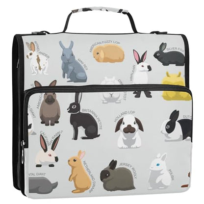 Fisyme Rabbit Bunny Zipper Binder 3 Ring with Zipper and Shoulder Strap Large Capacity Multi-Pocket Binder Organizer - color: Multi-grey