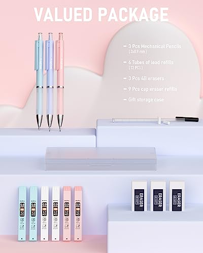 Nicpro 3PCS Pastel Mechanical Pencil Set, 0.9 Mechanical Pencil with 6 Tubes HB Lead 0.9mm, 3PCS Eraser & 9PCS Eraser Refill, Cute School Supplies for Writing, Sketching, Drafting-With Case - style: 3 Pack (0.9mm)