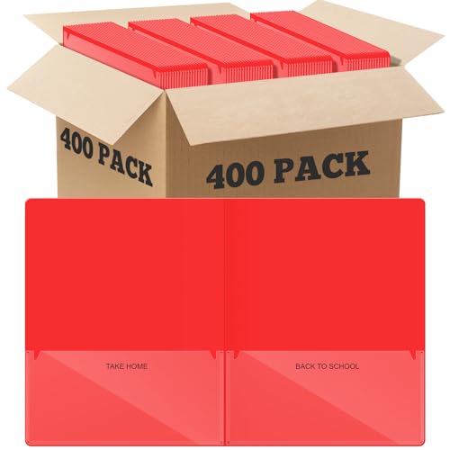 Henoyso 400 Pcs Take Home Folders 2 Inside Pockets, Parent Teacher Communication Folder for Students Homework with Clear Front Pocket Heavy Duty, School Classroom Supplies, 11.8 x 9.45 Inch (Red) - color: Red