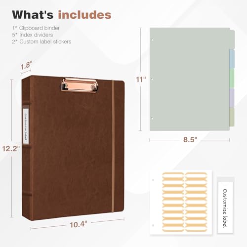 Ospelelf 3 Ring Binder with Clipboard, 1 Inch Leather, Brown, Letter Size (8.5" x 11"), 5 Tab Dividers - color: Reddish Brown, size: Letter Size - 1 Inch