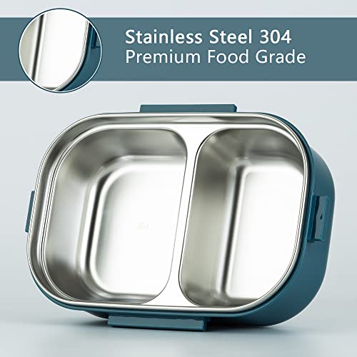 Lille Home 28oz Stainless Steel Leakproof 2-Compartment Bento Lunch Box/Portion Control Food Container with Lunch Bag and Cutlery Set, BPA Free (Blue) - color: Blue