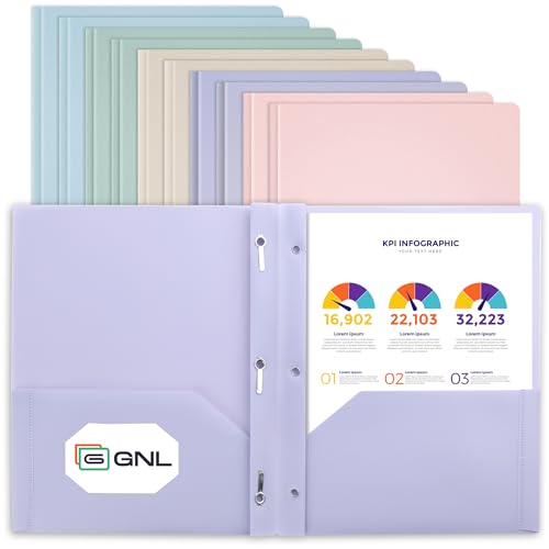 GNL Plastic Folders with Pockets and Prong, Pack of 10, Muted Pastel Colors, Heavy Duty 2 Pocket File Folders Letter Size, Folders with Prongs for School, Home, and Office - color: Pastel Colors, style: 10-Pack