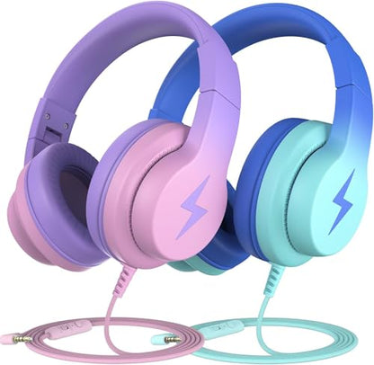 Candy Bila Kids Headphones, Wired Headphones for Kids Over Ear with Microphone, 85/94dB Volume Headphones for Girls Boys, Foldable Headphones for Learning & Entertainment - color: Gradient Blue, Gradient Purple