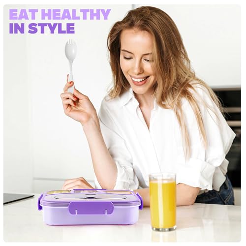 EASYFUN Bento Box Adult, Lunch Box, 4-Compartment Lunch Containers, Drop-Proof, Dishwasher Safe & Made with BPA-Free Materials (Purple) - color: Purple