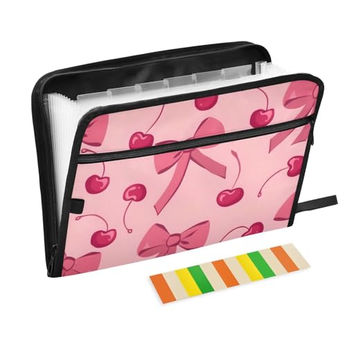 Expanding File Folder Pink Bow Cherry Accordion File Organizer 13 Pockets Document Organizer with Zipper Labels A4 Letter Office Storage - color: Multi15