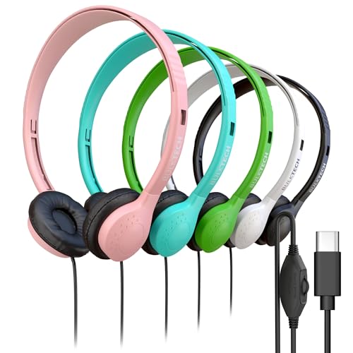 5 Pack Bulk Wired Headphones, Leather, USB-C, On-Ear, Volume Control, Compatible with Phone, Tablet, Laptop, PC for School, Class, Meeting, Conference, Test, Mix