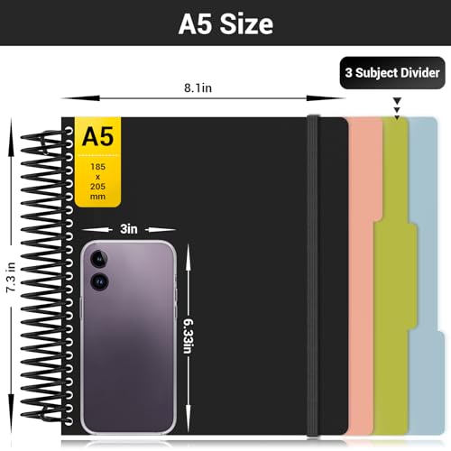 EUSOAR Black Spiral Notebook, 1 Pack A5 7.3" x 8.1" 3 Subject Notebook Journal, College Ruled Hardcover Cute Notebook 240 Pages 90gsm Thick Paper with Pocket for Work Office School Supplie - color: Black, style: A5 Lined