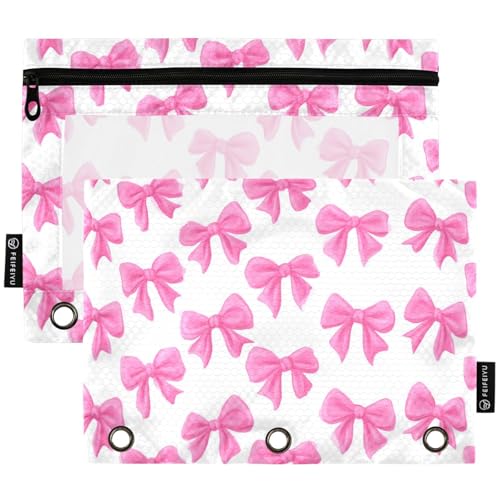 Studying 2 Pack Fashion Floral Pink Bows 3 Ring Binder Pencil Pouch Bags,Clear Window Storage Case with Zipper for Boys Girls School Office Supplies Cosmetics Organizers - color: Multi-bows