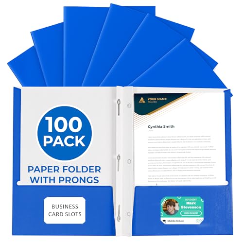 100 Pack Blue 2 Pocket Paper Folders. EPI Heavy Duty, Bulk Folders with Pockets, Prongs and Business Card Slots. Letter Size Document Organizers. Durable Portfolio for School, College, Office Files - color: Blue, style: Prongs