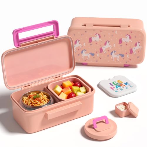 Bento Lunch Box for Kids With 8oz Food Thermo,BPA-Free for School | Lunch Container with 2 Compartments, Insulated Food Jar, Dishwasher Safe, Easy to Clean, Lunch Box for Girls Boys - color: Pink Unicorn1
