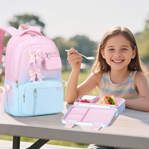 Bevalsa Backpack for Girls, Bow Kids Backpack with Bento Lunch Box, Insulated Bag & Utensils, 34oz Lunch Containers, Cute School Bookbag for Children Teens for Elementary Middle Student (Pink Blue) - color: Pink Blue