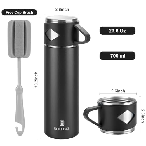 Stainless Steel Thermo 700ml/23.7oz Vacuum Insulated Bottle with Cup for Coffee Hot drink and Cold drink water flask.(Black,Set) - color: Black (Set), size: 23.7 Ounces