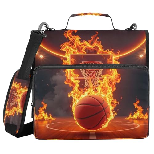 ALAZA Zipper Binder 3 Ring Basketball Fire Flame Binder Organizer with Zipper and Shoulder Strap Large Capacity Multi-Pocket Trapper Keeper File Folder for Office Supplies
