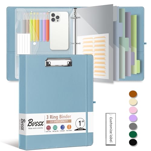 1 Inch 3 Ring Leather Binder Organizer, BVSSX Three Ring Binders with Clipboard, Plastic Folder, 5-Tabs Pocket Dividers with Sticker Labels, Pen Loop, Elastic Strap (Blue, Letter Size) - color: 4-blue, size: 1in（Letter Size）