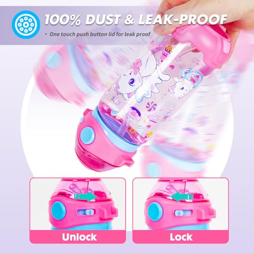 Kids Water Bottle with Straw/Lanyard for School Kids Girls Boys, 22oz BPA Free Child Drinking Water Bottle One-Click-Open Leak-Proof Locking Flip Lid for School Sport Travel - color: H07. Cat
