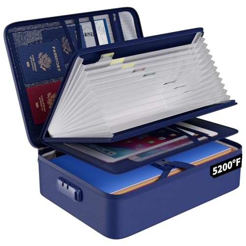 ENGPOW Fireproof Document Organizer Bag with Lock ＆ Accordion File Folder | 5200℉ Multi-Layer File Organizer Box with Lock ,Heat Insulated, Water Resistant, Safe Storage for Home Office Travel, Blue - color: Blue, style: 13 Pockets