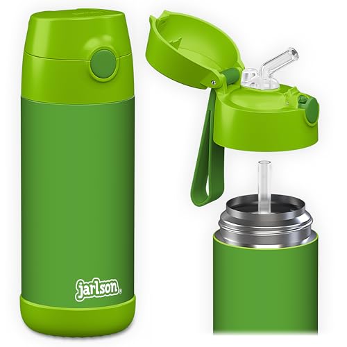 Jarlson® Kids Water Bottle CHARLI [12OZ] - Stainless Steel Thermo Bottle with Straw - Insulated, Spill Proof Waterbottle for School & Sports - Thermo Tumbler for Boys & Girls (Green) - color: Green 'Neo', size: 12 Ounces