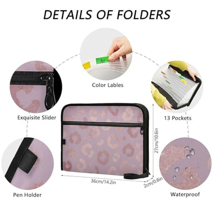 Rose Gold Leopard Expanding Accordion File Folder with 13 Pockets and Zipper Closure - color: Rose Gold Leopard