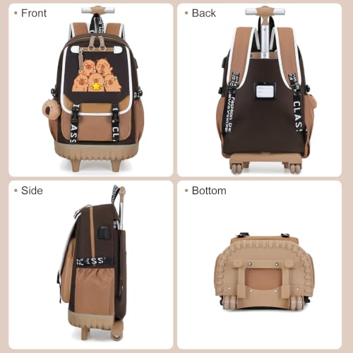 Bevalsa Capybara Theme Rolling Backpack for Girls, 3PCS Roller School Backpacks with Lunch Box & Pen Case, Kids Bookbag Schoolbag with Wheels for Teen Girl Kindergarten Elementary Middle School - color: Brown Cartoon